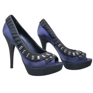 $395‎ TORY BURCH Satin Peep Toe Heels Platform Shoes Navy Black Ruffle Studs 10M